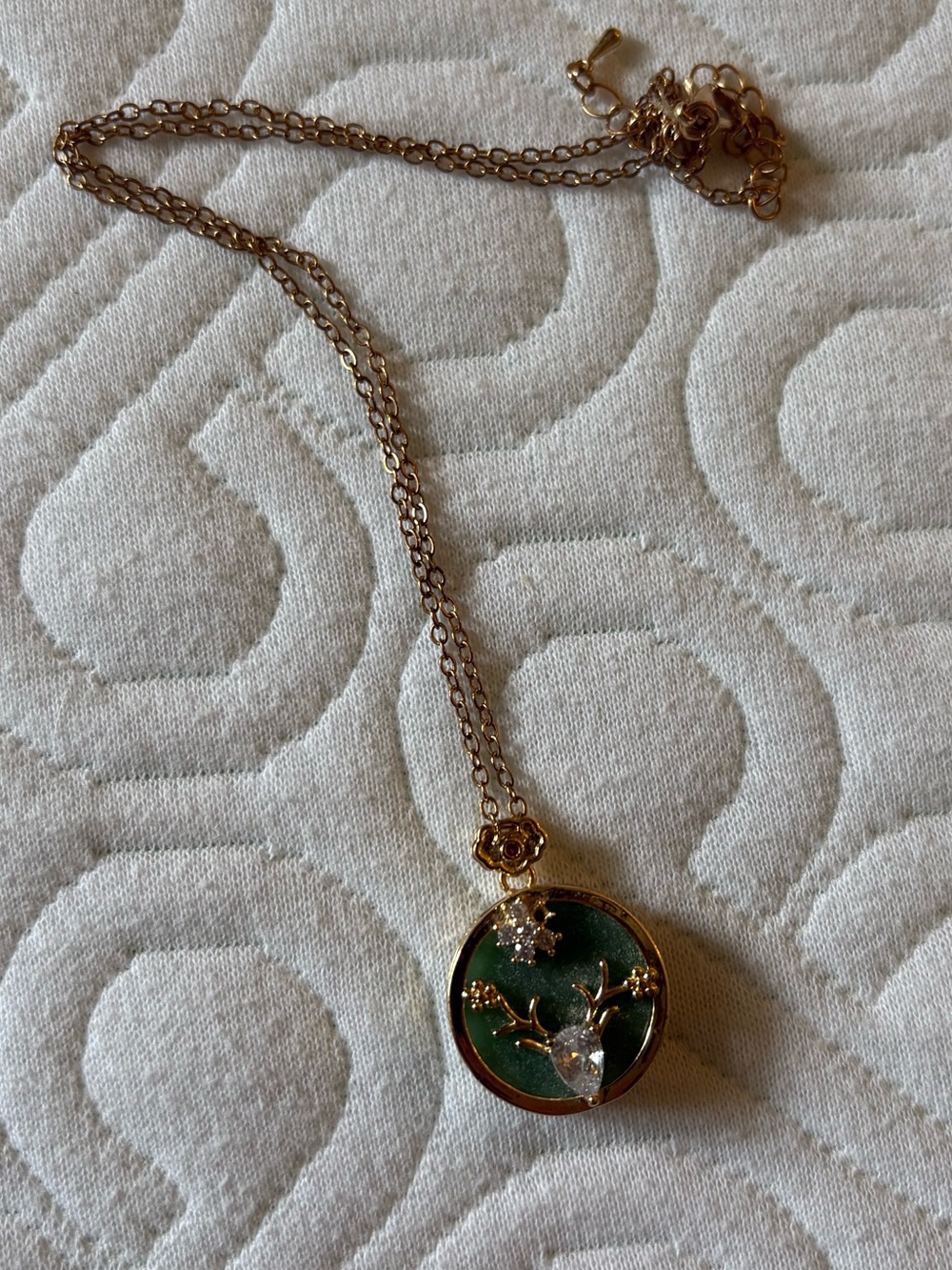 Jade Green and Gold CZ Deer Pendant Necklace